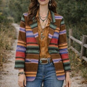 Vintage Multi-Color Southwestern Wool Blend Single Button Blazer Pockets medium